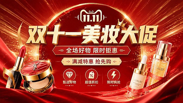 双十一电商美妆大促主KV，高级奢华促销风格，主标题"双十一美妆大促"，副标题"全场好物 限时钜惠"，装饰文案"满减特惠 抢先购"，卖点文字"甄选好物""超值折扣""限时疯抢"，整体采用红金配色，渐变红金放射状背景氛围，中心大标题搭配精致美妆抽象装饰元素，版式精美，信息分区清晰，红金色调奢华高级，符合美妆促销活动氛围，文字清晰可读，画面主视觉突出，16:9横版构图，超高清画质