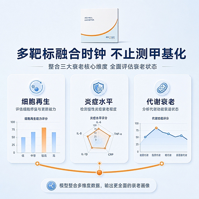[商品] 使用【图1】Yonages漾石衰老时钟产品包装盒；保留全部包装元素与文字；产品置于画面顶部中央，占画面约15%，缩小展示。
[画面] 目标为多靶标融合时钟差异化卖点页，三栏并列构图展示三大衰老核心维度。画面分为左中右三个等宽区域，分别对应"细胞再生""炎症水平""代谢衰老"；每个区域有专属图标、维度名称、简要说明和数据可视化小图表；三个区域底部由一条橙色弧线连接，象征融合时钟的整合概念；背景为浅蓝白渐变，干净专业。
[视觉] 套系策略：风格=高端科技医疗商业摄影风，极简专业；标题字=现代无衬线粗黑体；正文字=简洁无衬线体；主色=科技蓝+纯净白；背景延展=浅米白到淡蓝的渐变，细腻磨砂质感；强调色=活力橙，用于连接弧线和每个维度的高亮数据点；标题色=深海蓝；正文色=中灰蓝；组件=圆角信息卡、细线条、极简维度图标、小型雷达图/柱状图；光影=均匀柔和顶光，信息卡有轻微投影增加层次。
[文字] 顶部主标题"多靶标融合时钟 不止测甲基化"，副标题"整合三大衰老核心维度 全面评估衰老状态"；左栏标题"细胞再生"配说明"评估细胞修复与更新能力"；中栏标题"炎症水平"配说明"检测慢性炎症衰老程度"；右栏标题"代谢衰老"配说明"分析代谢功能衰退状态"；底部小字说明"模型整合多维度数据，输出更全面的衰老画像"；所有文字横排。
[规格] 图片比例1:1正方形，4K分辨率，京东平台风格，避免变形、错字、文字过小、绝对化用语、虚假功效承诺。