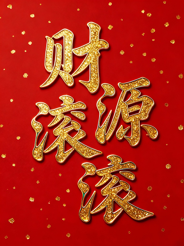 喜庆红底配鎏金浮雕大字“财源滚滚”，3D立体闪耀，中式奢华风，寓意新春财运亨通。