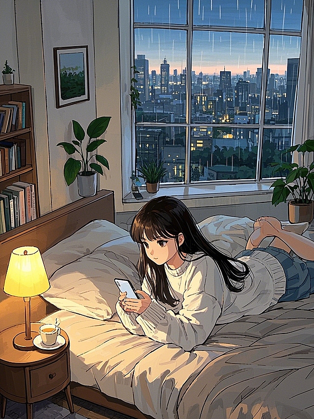 温馨的动漫风插画，简约主义设计，少女在床上享受舒适时光，窗外城市景色映衬。
