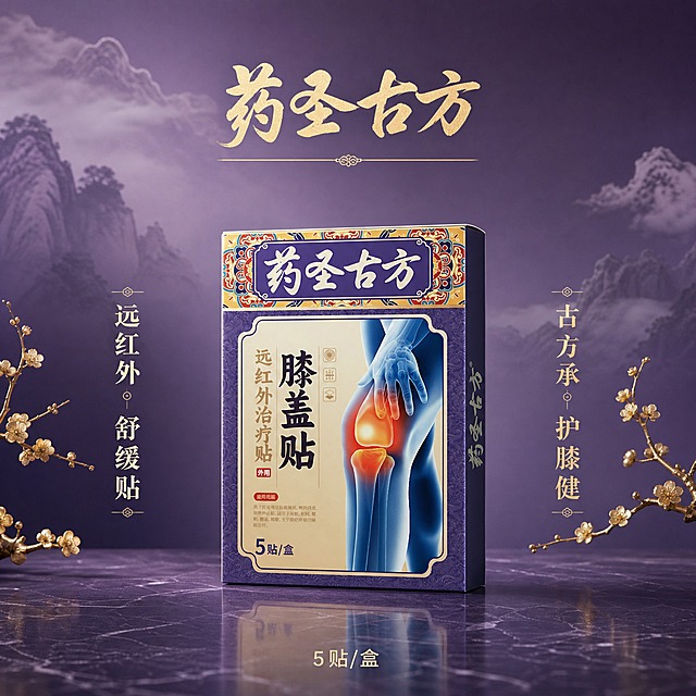 [单张主图] 药圣古方远红外治疗贴膝盖贴 中式国风品质感主图第三版，采用中轴诗意氛围型版式，突出产品立体效果与古方传承调性，整体布局留白高级，产品与背景色调契合。
[画面主体] 产品包装盒为视觉主体，位于画面中轴线略偏下位置，占画面约45%，呈正面微侧45度的立体角度摆放，盒体有真实的厚度、明暗面和底部柔和投影，体现立体质感。产品外观、颜色、图案、文字、Logo与输入产品图完全一致，不得改变产品本身的任何设计元素。包装盒放置在温润的深紫色大理石纹理台面上，下方有自然的接触阴影和轻微反光，不悬浮。
[构图版式] 采用中轴诗意氛围型版式。顶部居中品牌Logo，产品居中展示，左右两侧竖排短卖点，底部有轻量规格信息。整体留白充足，布局对称均衡，不杂乱。
[场景元素] 背景为浅紫到深紫的渐变底色，带有淡淡的中式山水水墨暗纹，远山如黛，整体色调与产品包装盒的紫色主色调高度契合。背景上方有轻柔的云雾效果，增加意境感。产品左右两侧各有一枝简约的金色梅花枝桠点缀，增加国风雅致感但不抢主体。画面底部台面有细腻的纹理和反光。
[文案版式] 所有文字均为艺术字设计。顶部居中品牌名用书法风格艺术字"药圣古方"，品牌名下方有一条细金色装饰线。产品左侧竖排两个卖点艺术字"远红外"、"舒缓贴"，产品右侧竖排两个卖点艺术字"古方承"、"护膝健"，均为竖排宋体艺术字，字号适中。底部居中放置规格信息"5贴/盒"，用小号无衬线艺术字。所有文字均放在留白区域，不遮挡产品主体。
[光影质感] 高级静物摄影质感，主光从左前方45度柔和照射，盒体左侧和顶部有柔和高光，右侧有自然暗部过渡，体现包装盒的立体质感和纸张哑光材质。整体光线柔和均匀，阴影边缘虚化自然，营造雅致品质感。
[配色字体] 主色调为紫色渐变（浅紫到深紫），与产品包装紫色呼应；辅助色为金色、米白色，用于文字和装饰线条；强调色为墨色，用于山水暗纹。字体：品牌名书法艺术字，竖排卖点宋体艺术字，底部信息简洁无衬线艺术字，整体统一国风雅致调性。
[比例分辨率] 1:1正方形，2K分辨率，文字清晰可辨，产品细节清晰。
[负向提示词] 产品变形、产品颜色改变、产品图案错误、文字错字、文字模糊、水印、平台Logo、背景杂乱、元素过多、布局拥挤、产品悬浮、穿模、夸大功效表述、医疗承诺用语、绝对化用词、与前两张版式相同