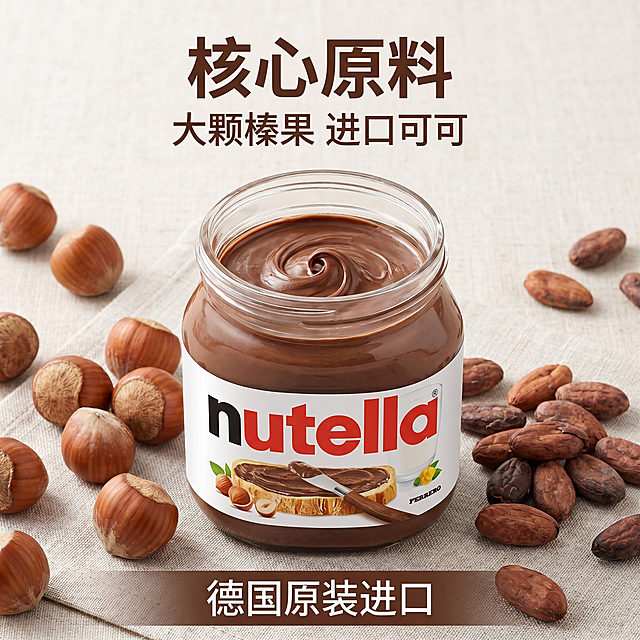 [主图 2] 能多益Nutella榛果可可酱核心原料展示。
[氛围风格] 自然新鲜高品质，真实可信；
[画质] 商业摄影质感、光线柔和通透、产品清晰真实、画面干净高级。
[元素]  Nutella罐子放在画面中下位置，周围散落摆放大颗饱满的带壳榛子和天然可可豆，整体背景为浅麻质餐垫。保持能多益产品外观（即物理结构、材质质感、颜色）与输入产品图绝对一致，杜绝任何变形和色差，精细化处理。商品主体占比60%-70%之间，画面满屏无边框。
[光影] 自然散射太阳光，突出榛子和可可豆的纹理质感，整体光影柔和，高光不溢出，暗部有细节。
[配色] 大地棕黄色系为主，搭配浅麻灰色背景，自然质朴。
[视角构图] 平视略微俯视，整体构图饱满突出原料特性。
[文字版式] 顶部居中主标题 "核心原料" 深棕粗体，下方小字 "大颗榛果 进口可可"，底部深棕半透长条，标注 "德国原装进口" 白色字体，文字均不遮挡产品主体。
[比例分辨率] 1:1 比例，2k 分辨率；文字清晰锐利，画面超高清。
[负向提示词] 变形，水印，文字错乱，产品图模糊，背景杂乱，文字遮挡主体，配色刺眼，牛皮癣