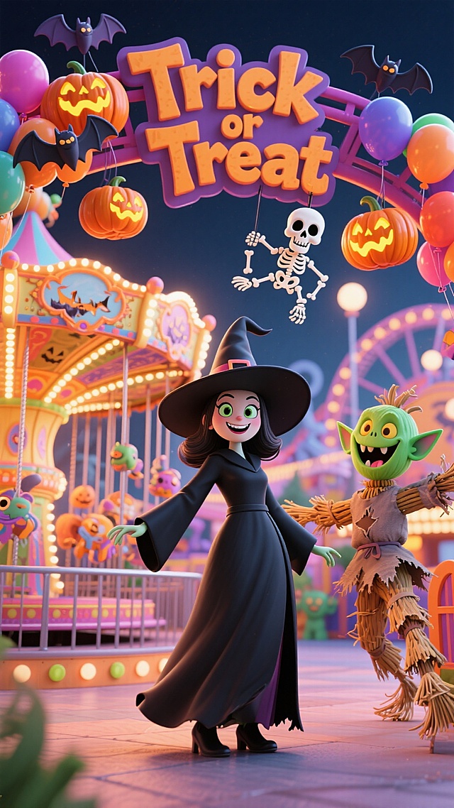 卡通感与3D风结合，拟人化的巫师与稻草人欢庆万圣节，梦幻灯光与软塑料质感营造出喜庆的虚拟现实游乐场氛围。