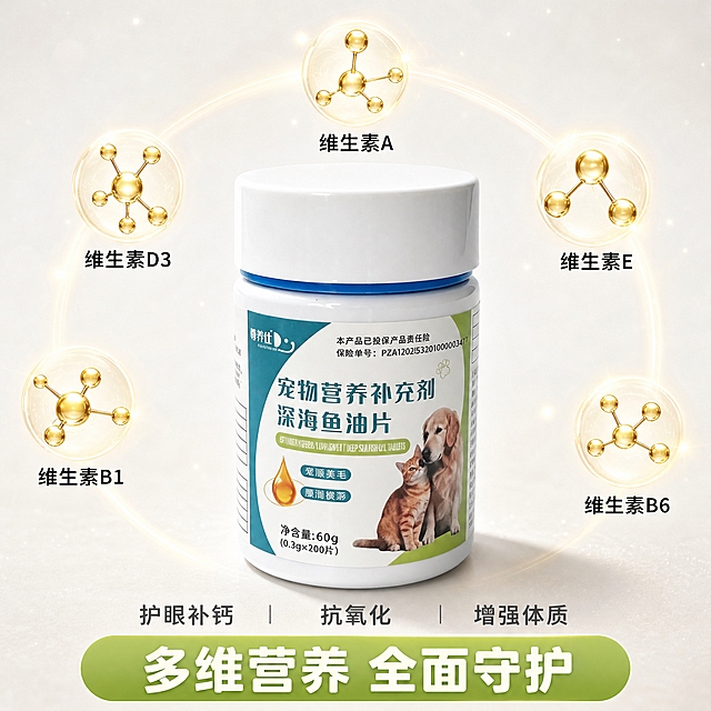 [主图-2] 核心亮点 多维营养成分展示 维生素A D3 E B1 B6 护眼补钙 抗氧化 增强体质
[统一基调] 高清实拍质感 自然光柔光拍摄 色彩真实还原 简约氛围感 干净通透 冷调暖调平衡 主体居中清晰 画面无杂乱水印无多余杂物 产品瓶身外观 标签文字 颜色 材质 比例与输入图完全一致 瓶身为白色塑料瓶 白色瓶盖带蓝色密封圈 标签以白 青蓝 浅绿为主色
[画面] 产品瓶身位于画面中心 主体占比约55% 瓶身正面完整展示 围绕瓶身呈环形分布5个金色分子结构图标 分别对应维生素A 维生素D3 维生素E 维生素B1 维生素B6 每个分子图标旁有清晰文字标注 画面底部有一条浅绿渐变结论条 写 多维营养 全面守护 结论条上方小字标注 护眼补钙 抗氧化 增强体质 背景为浅米白渐变带微弱星光粒子 简约高级 不抢主体
[光影质感] 自然光柔光 中心产品受光均匀 分子图标有微弱发光效果但不过曝 瓶身有自然高光和曲面透视 底部有柔和投影
[配色] 主背景浅米白渐变 辅助色青蓝 浅绿 金色分子图标 标题字深灰 结论条浅绿底白字 整体保持同一色板
[文字版式] 维生素名称用中等粗细黑体 清晰标注在分子图标旁 底部结论条大字用圆润粗黑体 辅助说明小字缩小 文字不遮挡产品主体
[输出要求] 1:1正方形 2048px 高清 产品清晰 文字清晰 无变形 无错字 无模糊 无杂乱水印 无平台Logo 无多余杂物