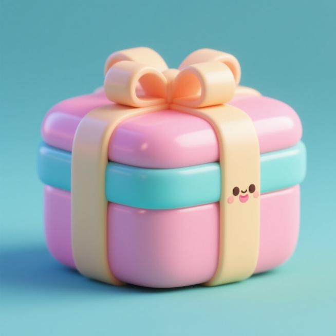 一个造型变换的3D卡通礼物盒，保持纯色背景，采用鲜艳明快的马卡龙配色，具有光滑圆润的塑料质感，表面有柔和的高光和细腻的阴影，整体呈现出可爱治愈的氛围，带有卡通风格的装饰元素，造型独特有趣。预览效果
