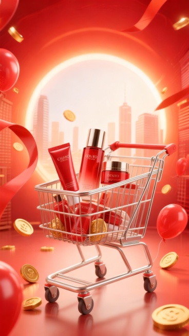 电商促销3D写实风美妆护肤海报，9:16比例，主色调大红色与橙红色渐变搭配金色点缀。背景有动感飘带、光晕效果及城市剪影，营造热烈喜庆氛围。画面中心是银色购物车，内置红色系护肤品（管状、瓶装、罐装），车预览效果