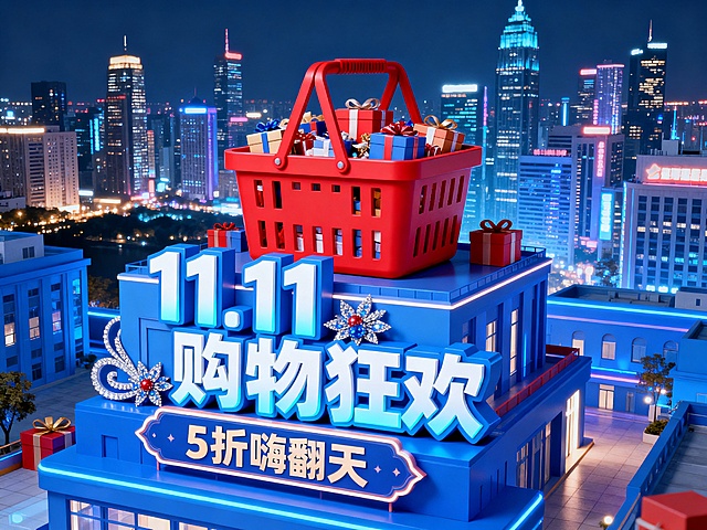 以蓝色为主色调，前景是立体字组成的醒目建筑，“11.11购物狂欢”立体大字采用白色与蓝色渐变，配有精致装饰，下方是“5折嗨翻天”横幅；中间有红色的大购物篮建筑造型，内部装满各种礼物；背景是繁华都市夜景，灯火璀璨，高楼林立，整体画面充满节日购物氛围，色彩鲜明，层次丰富，立体感强