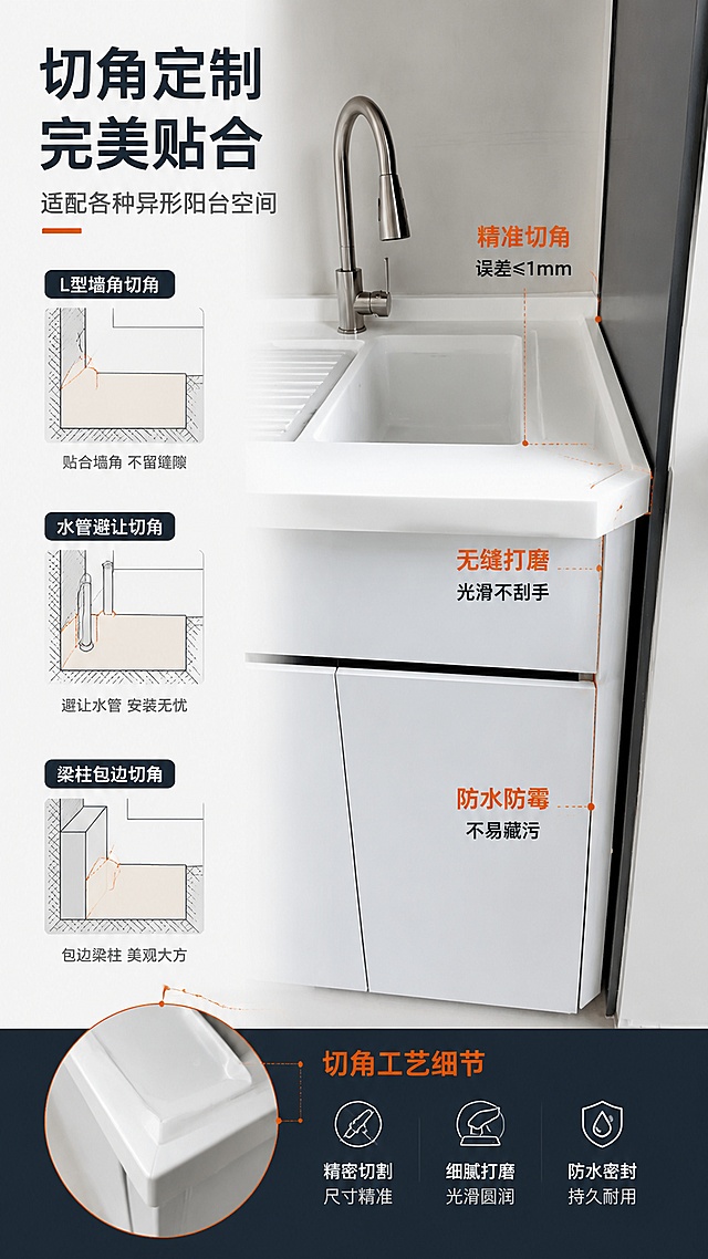 [第5屏] 切角定制展示页-阳台一体盆切角工艺细节展示。本屏使用【图2】作为切角产品主体展示。
[氛围/风格] 专业工艺风，精细严谨，突出工艺精度和品质感。
[元素布局] 产品切角部位特写位于画面右侧，占比约50%，清晰展示切角处的无缝拼接和精准贴合；左侧展示切角适配的场景：水管、梁柱、墙角等异形空间示意图；底部用放大圈标注切角处的工艺细节。
[光影质感] 侧光突出切角处的立体感和工艺细节，光线均匀柔和，边缘清晰锐利。
[配色色系] 全局底色 #F5F5F5（浅灰）；主色深蓝灰 #1A2930；辅助色橙色 #FF6B35 标注重点部位。
[视角构图] 左右构图，左侧说明右侧产品特写，阅读动线从左到右。
[文字版式] 版式为左文右图。主标题「切角定制 完美贴合」，副标题「适配各种异形阳台空间」；左侧列出三种常见切角场景：「L型墙角切角」「水管避让切角」「梁柱包边切角」，每项配简笔示意图；右侧产品图上用橙色引线标注「精准切角 误差≤1mm」「无缝打磨 光滑不刮手」「防水防霉 不易藏污」等工艺特点。
[比例分辨率] 9:16竖版比例，4K分辨率，文字清晰可辨，高清画质。
[负向提示词] 产品变形，切角模糊，结构错误，颜色偏差，水印，文字错乱，标注不清，背景杂乱。
