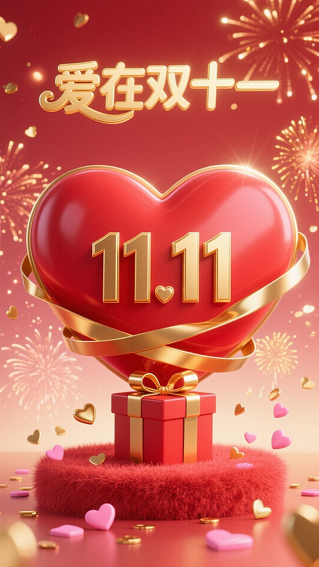 借爱心与礼物元素，营造双十一浪漫购物氛围