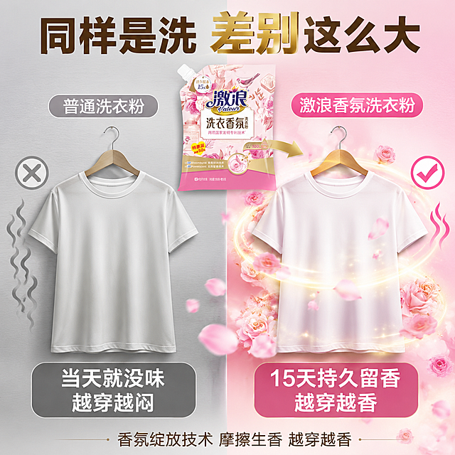抖音电商1:1正方形主图，第四张衣物留香效果对比图，激浪洗衣香氛洗衣粉。效果证明风格，左右对比强烈。画面从中间垂直分为左右两半：左侧「普通洗衣粉」——冷灰色调，一件挂着的白T恤，旁边画着暗淡的灰色气味线和「×」，下方写「当天就没味 越穿越闷」；右侧「激浪香氛洗衣粉」——暖粉金色调，同一件白T恤（同款同角度），周围环绕粉色花瓣和金色香氛光晕，旁边画着明亮的粉色香气线和「√」，下方写「15天持久留香 越穿越香」。两件衣服中间上方有产品袋小图（保持外观与输入图一致）指向右侧。顶部大标题「同样是洗 差别这么大」，深棕色粗体大字，「差别」用金色突出。底部小字「香氛绽放技术 摩擦生香 越穿越香」。左右对比强烈，右侧明显更明亮更有吸引力。背景左灰右粉，对比鲜明。商业摄影质感，超高清，文字清晰，无水印无平台logo。