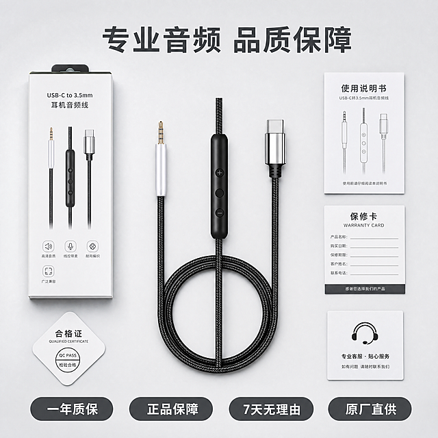 [主图-5] 售后保障规格全家福主图
[氛围风格] 规整通透，专业可信
[画质] 产品摄影，整体清晰，质感统一
[元素] 完整耳机线放置中心，周围环绕包装盒、说明书、保修卡配件全家福，所有配件清晰可见。保持耳机线外观与输入产品图一致，结构无变形。背景为干净浅灰色渐变，简约不抢主体。
[光影] 均匀顶光，产品每个面都清晰可见，阴影柔和，整体通透。
[配色] 浅灰背景，产品深黑主体，文字深灰清晰。
[视角构图] 中心平铺构图，全家福整体占比70%，满铺无边框。
[文字版式] 顶部主文案「专业音频 品质保障」，底部四个服务保障胶囊标签排列：一年质保、正品保障、7天无理由、原厂直供，深灰底白字，整齐排列，信息清晰。
[比例分辨率] 1:1比例，4k分辨率，文字清晰可辨，超高清。
[负向提示词] 变形，水印，文字错乱，产品模糊，背景杂乱