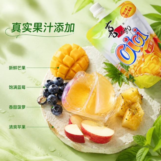 「图片1」，生成一套主图（5张），商品名称是150g果冻爽，卖点是多种口味，真实果汁，适配淘宝/天猫平台，主图比例为1:1预览效果