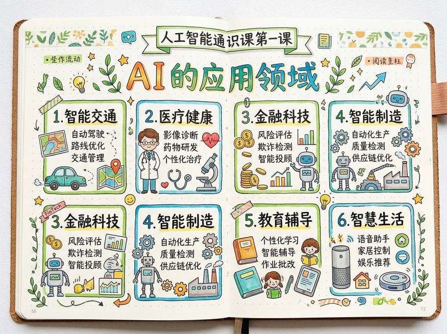 手账形式，人工智能通识课第一课内容，包含标题“AI的应用领域”，分栏展示常见应用场景，装饰元素手绘清新，所有文字均为中文，排版活泼适合笔记预览效果