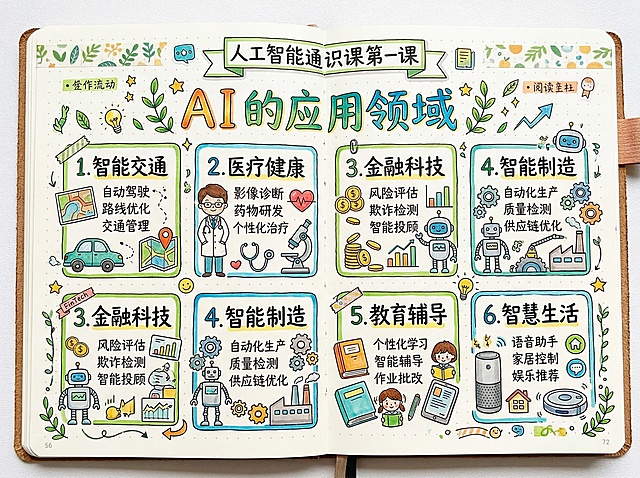 手账形式，人工智能通识课第一课内容，包含标题“AI的应用领域”，分栏展示常见应用场景，装饰元素手绘清新，所有文字均为中文，排版活泼适合笔记