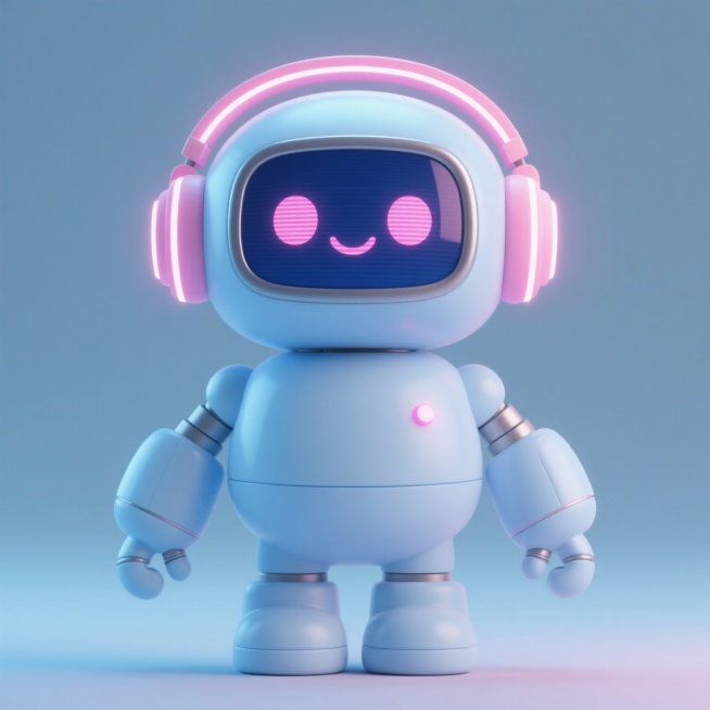 一个软3D风格的卡通机器人，整体呈柔和的淡蓝色调，头部圆润，戴着同样圆润的耳机，耳机上有粉色的发光灯带，面部是深蓝色的显示屏，上面有两个粉红色的圆形眼睛和一个弯弯的微笑嘴巴，身体和四肢都是胖乎乎的可爱造型，关节处有简单的线条装饰，胸前有一个小的粉色发光点，整体光影柔和，充满童趣，给人一种友好、可爱、欢乐的感觉，3D渲染，光滑的材质，渐变的色彩过渡，简洁的背景。预览效果