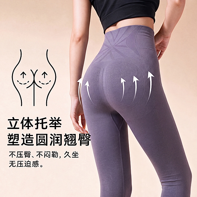 这是一张商业保暖裤（保暖打底裤）产品展示图，模特穿着完整的紧身高腰长裤。请在参考图一的基础上，仅将模特所穿的保暖裤换成图二模特的裤子，其余全部保持不变：

1. 裤子颜色改为图二的紫罗兰色（香芋紫）哑光加绒面料；100%还原图二的裤型、高腰宽腰头、腰头下方的立体织纹分区、裤身的同心弧形 / 放射状提臀轮廓织纹与细密蜂巢菱格肌理；贴合腿型、裤脚包到脚踝，穿着关系自然。

2. 保持模特的原有姿势与手部位置、黑色短款上衣、米色背景与柔和光影、原有构图与镜头视角、写实商业摄影质感。

3. 保留画面中所有原有元素不变：「立体托举」「塑造圆润翘臀」「不压臀、不闷勒，久坐无压迫感。」三段文案、左侧的女性身体轮廓线稿示意图、以及裤身上方的白色向上箭头标注，全部保持原样。

4. 不新增任何文字、图标或 logo。