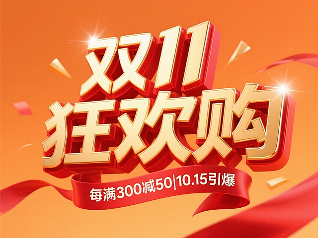 金色与红色搭配的立体字“双11狂欢购” ，字体边缘带有光泽质感，下方红色飘带写着 “每满 300 减 50 | 10.15引爆” 的促销信息，背景为橙色渐变，整体风格大气炫酷，突出双十一促销的热烈与冲击力。