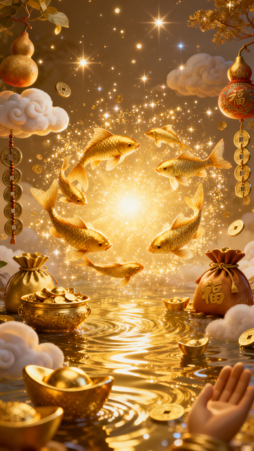 超精美治愈系动画风，3D渲染，极致光影，暖金色调，满屏鎏金粒子与星光特效，画面中心是发光的金色锦鲤群环绕着金元宝、铜钱串、福袋、聚宝盆，搭配祥云、葫芦、佛手等传统吉祥元素，整体氛围富贵喜庆、温暖治愈，预览效果