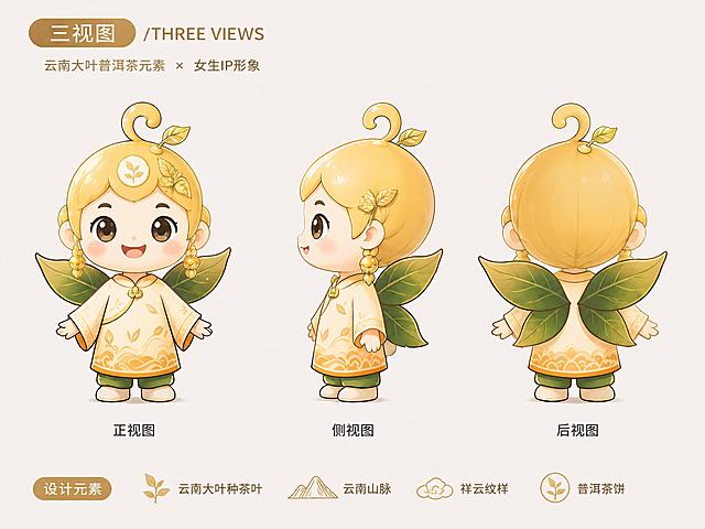 将第一张图中人物的发型替换为第二张图中女生的发型风格：金黄色头发，头顶有叶子发饰，耳侧编有麻花辫并带有圆珠发饰，保持第一张图人物的Q版卡通画风、面部朝向、服装、整体色调和背景风格不变