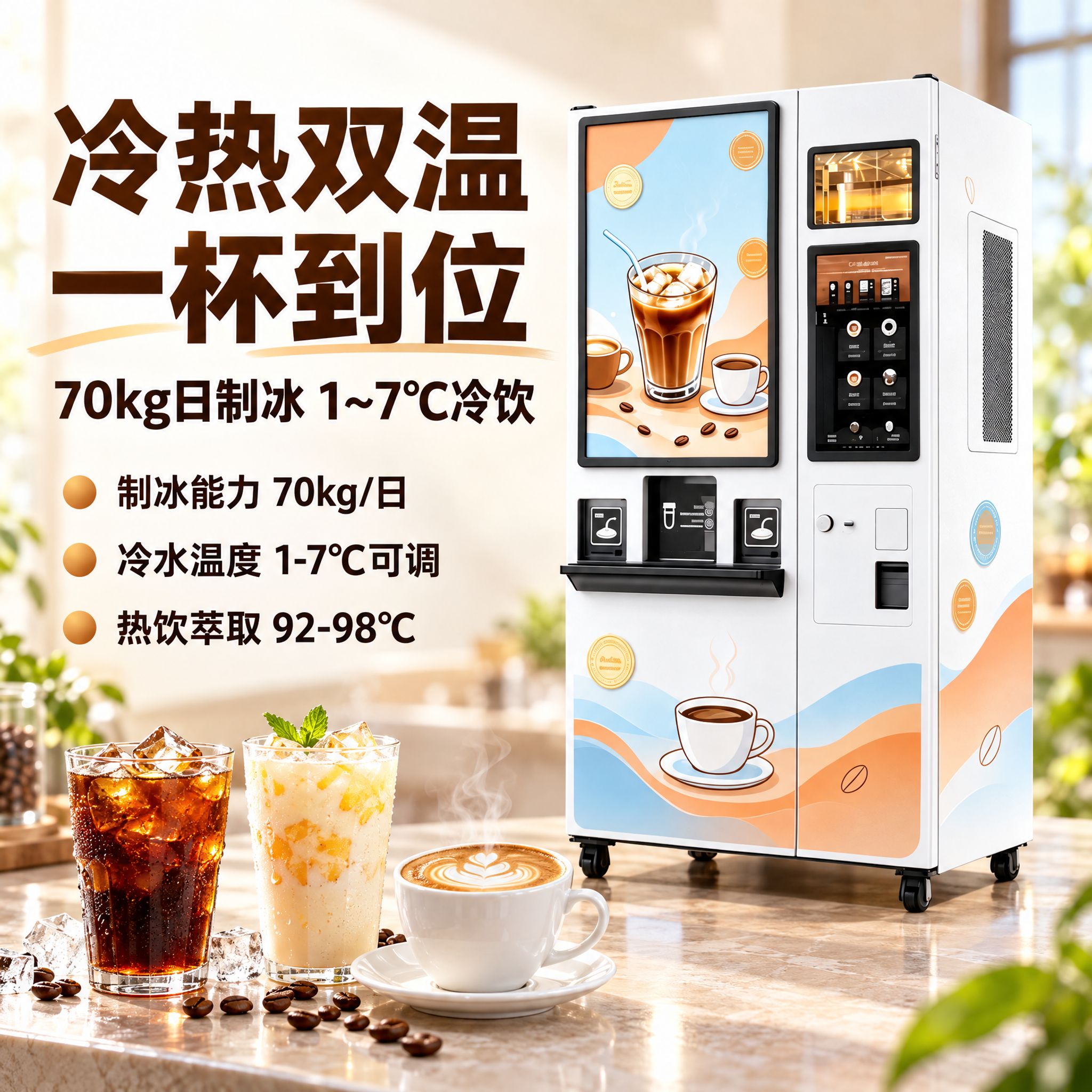 以【图1】中的咖啡自助售货机为唯一机器依据，严格保持机身结构、… - 图片创意预览