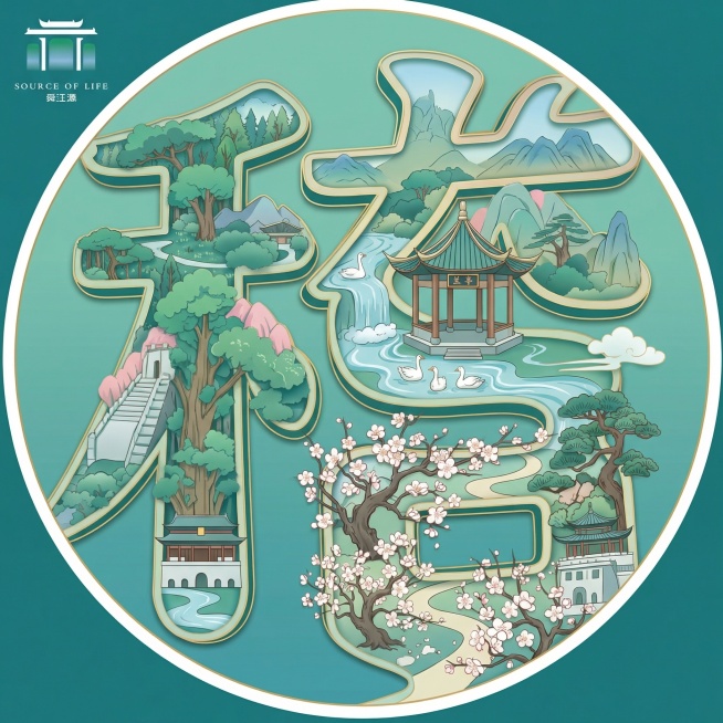 参考参考图的国潮插画风格和青绿色配色，创作一张圆形插画，整体构成汉字"稽"的造型，融入浙江绍兴景点元素：国家森林公园、香榧古道、舜王庙、兰亭、若耶溪、香雪梅海，加入左上角提供的舜江源logo，重点突出预览效果