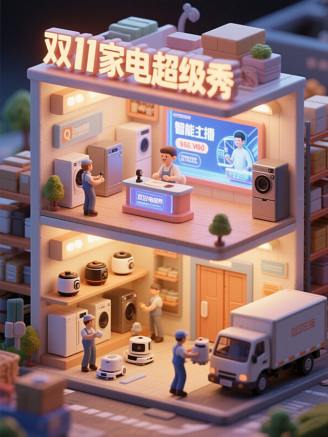 卡通感3D微缩艺术风，软3D质感结合霓虹灯元素，科技感与促销氛围并存，趣味人物互动展现双11家电狂欢，体积感十足的家电陈列强化购物体验。