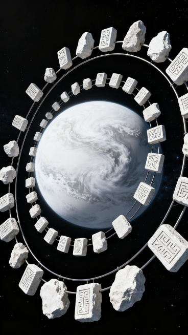 CG科幻风格，太空中，数百条白色岩石轨道围绕着一颗白色的星球，轨道外侧也有许多白色的方形石碑预览效果
