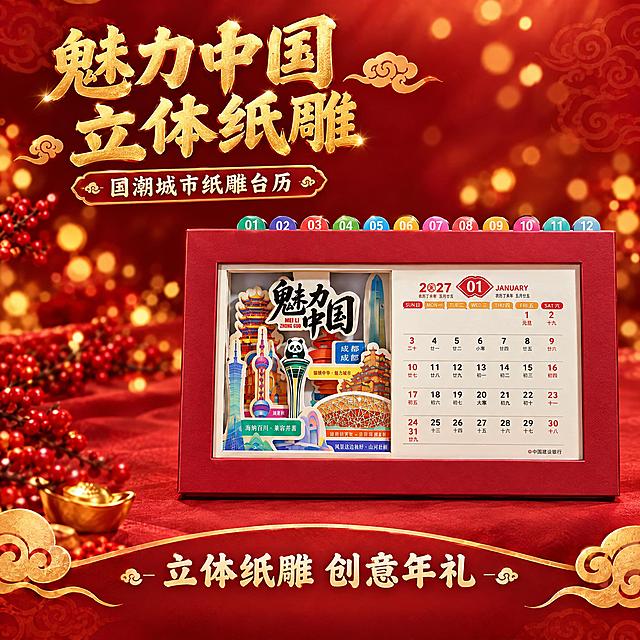 魅力中国款立体纸雕台历单独主图，淘宝主图规格1:1高清图。只保留左侧的魅力中国款台历，右侧喜气洋洋款去掉。台历居中偏右展示，占画面约60%，完整保留产品原样：红色外框、城市建筑立体纸雕、熊猫、日历页面、顶部彩色月份标签。背景为深红色渐变搭配金色光斑和祥云暗纹，与原图风格一致。左上角加烫金色大标题"魅力中国 立体纸雕"，下方副标题"国潮城市纸雕台历"。底部加"立体纸雕 创意年礼"文字。左下角点缀金元宝、红色浆果等装饰元素。整体国潮喜庆风格，产品清晰突出。