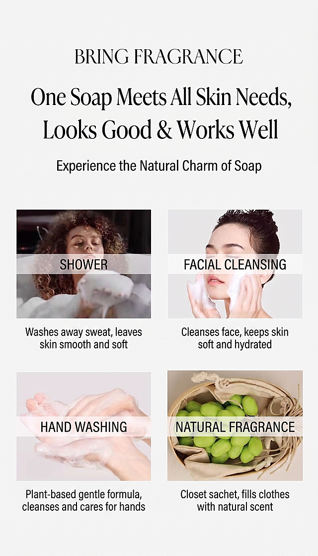 Replace all Chinese text with English for TikTok Southeast Asian e-commerce: Title "一串皂满足肌肤需求 好看还好用" changes to "One Soap Meets All Skin Needs, Looks Good & Works Well", subtitle "感受大自然创「皂」的魅力" changes to "Experience the Natural Charm of Soap"; "沐浴"→SHOWER, "洗去汗渍 平滑细嫩肌肤"→Washes away sweat, leaves skin smooth and soft; "洁面"→FACIAL CLEANSING, "清洁面部 肌肤柔滑水嫩"→Cleanses face, keeps skin soft and hydrated; "洗手"→HAND WASHING, "植萃温柔 洁净养护双手"→Plant-based gentle formula, cleanses and cares for hands; "天然香氛"→NATURAL FRAGRANCE, "衣橱香包 让衣物弥漫自然芳香"→Closet sachet, fills clothes with natural scent, keep the layout and product display, adapt to TikTok Southeast Asian e-commerce minimalist style