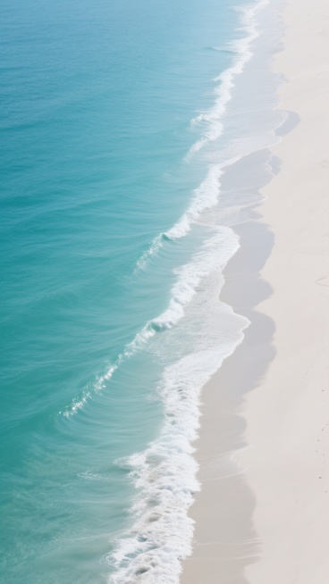 极简主义风格的海浪与沙滩航拍图，纯净的渐变蓝绿色海水与细腻的白色沙滩形成鲜明对比，海浪拍打沙滩形成的白色浪花线条流畅自然，海水表面呈现出细腻的波纹质感，整体画面构图简洁大气，光影明亮柔和，营造出宁静、开阔、治愈的海洋氛围，充满现代设计感的自然景观，高清晰度，色彩饱和度适中，突出大海主题的简约美学。预览效果