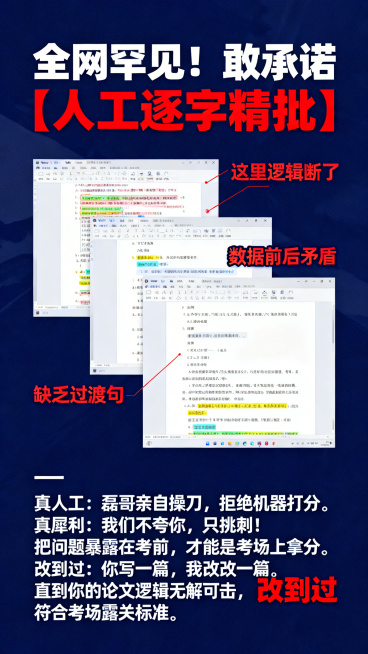 专业犀利极简风格竖屏海报，背景色用深蓝，画面展示3-4张真实的批改记录截图（Word批注模式），高亮评语“这里逻辑断了”“数据前后矛盾”“缺乏过渡句”。标题“全网罕见！敢承诺【人工逐字精批】”，文案“预览效果