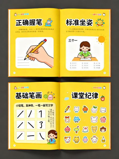黄色卡通风格，内页分四个板块：第一块“正确握笔”配三指捏笔示意图，第二块“标准坐姿”用“三个一”口诀图，第三块“基础笔画”列8个基础笔画+趣味儿歌，第四块“课堂纪律”用可爱小图标展示，整体排版清晰，童预览效果