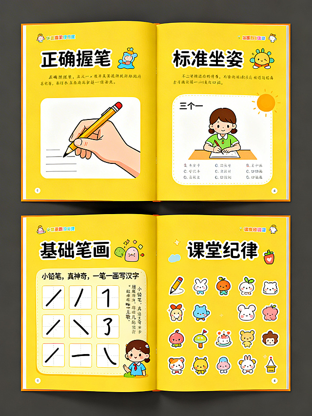 黄色卡通风格，内页分四个板块：第一块“正确握笔”配三指捏笔示意图，第二块“标准坐姿”用“三个一”口诀图，第三块“基础笔画”列8个基础笔画+趣味儿歌，第四块“课堂纪律”用可爱小图标展示，整体排版清晰，童趣十足