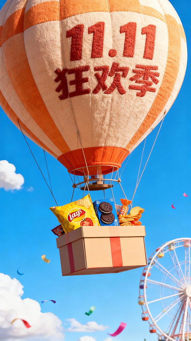 一个带有主体配色的大型热气球，吊篮为礼盒样式，礼盒里放着图中所有物品，气球上绣着“11.11 狂欢季”，背景展示高饱和蓝天、摩天轮、云朵、彩带等元素，营造出活泼、精致的氛围。