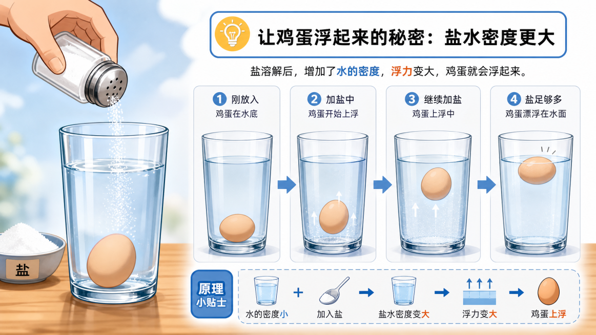 透明玻璃水杯，装着清水，一个鸡蛋在杯底，正在往杯子里加盐，鸡蛋慢慢从水底浮起来，科普实验动画风格，清晰直观，16:9预览效果