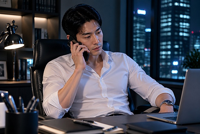 夜晚的办公室里，一位穿白色衬衫的男人在用手机拨号，画面内不要出现任何文字