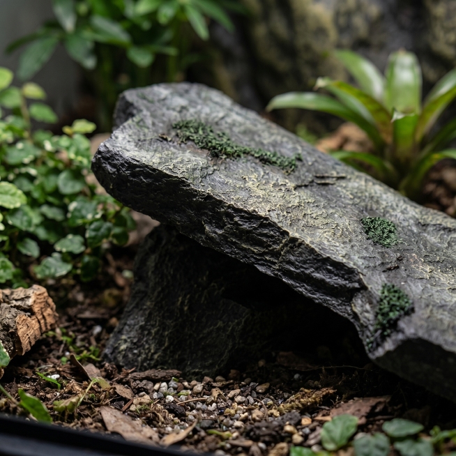 爬宠晒台岩石纹理和苔藓做旧细节特写，放置在造景好的爬宠缸中，周围有绿植点缀，侧光拍摄，聚焦纹理，低饱和色调，背景虚化，突出仿真树脂材质的自然质感，打消塑料感顾虑预览效果