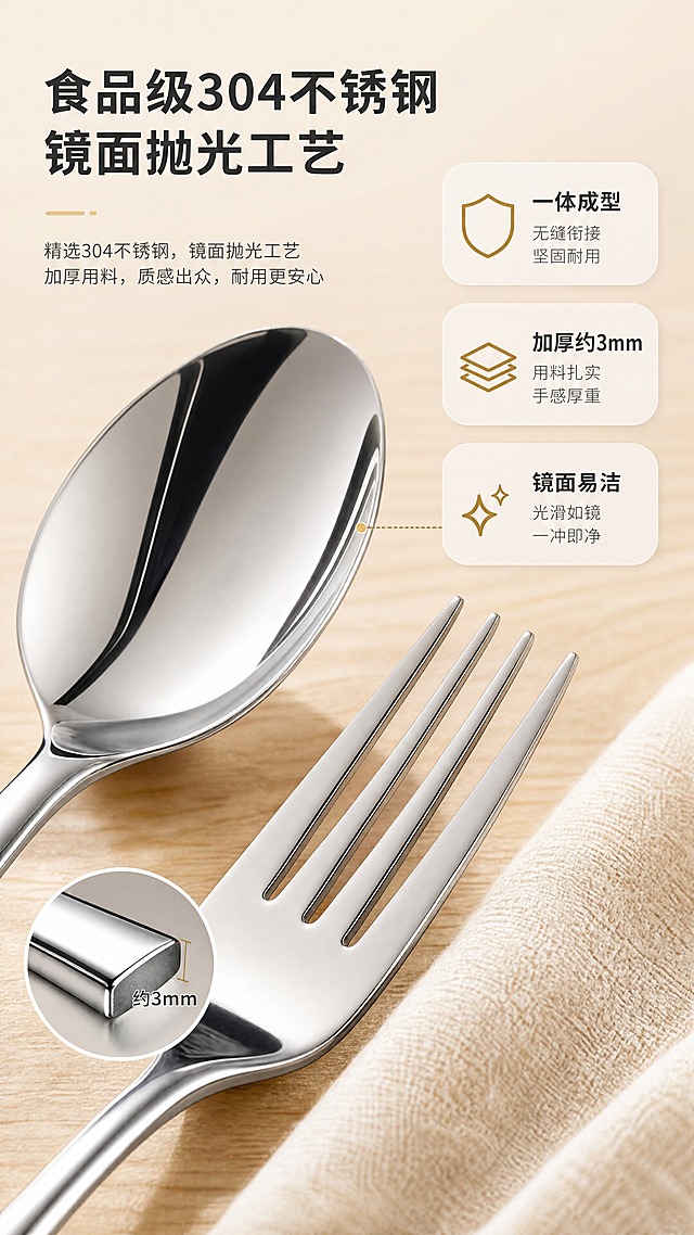[商品] 使用【图1】304不锈钢西餐餐具；取餐勺与餐叉局部做微距特写，保留银色镜面材质、金属纹理、一体成型接缝处、握柄圆润弧度；增强表面镜面反光与金属质感，去除轻微指纹。
[画面] 目标：材质细节页，展示304不锈钢镜面抛光工艺与加厚质感。构图：微距满铺，餐具局部斜向贯穿画面，局部放大展示厚度与抛光面。景别：微距特写，聚焦材质与工艺细节。阅读动线：从左上标题到右下细节。前中后景：前景餐具高光面、中景餐具主体、后景虚化暖木色桌面。
[视觉] 套系策略：风格=现代轻奢餐厨商业摄影；标题字=思源黑体粗体；正文字=思源黑体常规；主色=暖银灰+原木色；背景延展=基于暖木色与米白色做深浅层级、同色渐变和细腻木纹/餐布纸质感；强调色=香槟金，仅用于小面积图标、引线和标签点缀；标题色=深炭灰；正文色=中暖灰；组件=圆角浅底信息卡、细线引线、香槟金小图标；光影=左前侧暖柔光，金属表面有清晰高光带。
[文字] 左上主标题「食品级304不锈钢 镜面抛光工艺」，右侧3个数据浮窗卖点：一体成型 / 加厚约3mm / 镜面易洁。文字横向排版，不遮挡关键材质细节。
[规格] 图片比例9:16竖版，4K分辨率，medium质量，避免变形、错字、文字过小、冷蓝背景、材质失真。