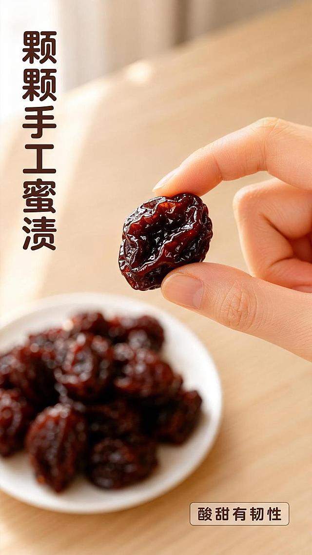 [第5屏] 休闲食用动作展示屏-展示手取蜜汁应子的分享氛围。本屏使用【图1】作为商品主体。
[氛围/风格] 真实生活化场景，自然随手抓拍感，高清美食实拍，放松休闲氛围
[元素布局] 一只干净的手从画面右侧伸入，捏起一颗完整的蜜汁应子，产品悬停在画面中心位置，应子本身的颜色质感和原图保持一致，背景是浅原木色桌面，桌面可以搭配半盘剩余的应子做虚化背景，增加场景层次，不添加包装
[光影质感] 窗边自然光，左侧柔和光源，手部和果实阴影自然，整体明亮通透
[配色色系] 全局主背景 #E8DCC8，主色深红褐色果实，辅助色浅木色桌面
[视角构图] 平视中景，果实主体清晰位于视觉中心，背景虚化突出主体动作
[文字版式] 左侧竖排标题「颗颗手工蜜渍」，右下角浅色标签标注「酸甜有韧性」，统一使用深褐色圆角字体，文字不遮挡主体
[比例分辨率] 9:16 竖版比例，4K分辨率，高清画质，文字清晰可读
[负向提示词] 畸形、扭曲、模糊、塑料质感、过度发光、卡通、二次元、水印、多余文字、杂乱杂物、AI绘画瑕疵、不自然纹理、超高饱和度、色差严重、果肉虚假、边缘融化变形、虫眼、发霉、变质、不干净、开胃古法、商品包装