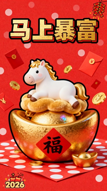 马年春节海报，幽默谐音风格，平面二维设计，竖版构图，一只胖乎乎的白色小马，金色的鬃毛，躺在一堆巨大的金色锭子上（有光泽的纹理，红色的“福”贴纸），小马的背部是一个柔软的金色云形坐垫，上面印着“马上暴富预览效果