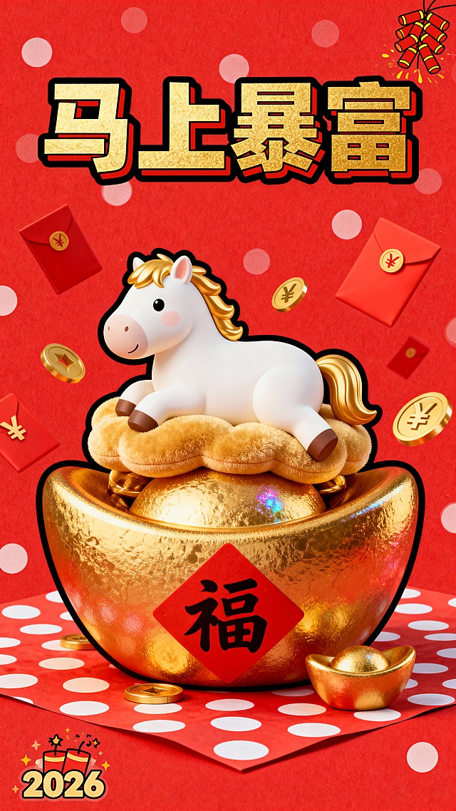 软3D风卡通马坐于鎏金元宝之上，毛发生长质感细腻，搭配喜庆红底与金属风金币，传递2026年春节“马上暴富”的吉祥寓意。