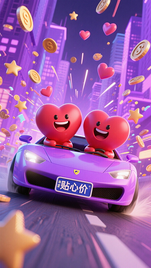 2个开心的表情的拟人红色爱心坐在一辆车牌写着“贴心价”的跑车冲刺。无数星星、爱心和钱币等元素呈放射性从远处向屏幕前喷涌而来。荧光紫色城市背景，极端的仰视角度，大透视