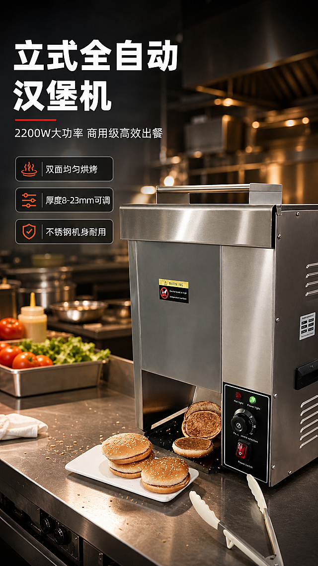 [商品] 使用【图1】立式全自动汉堡机实物场景图；保留产品整体结构、不锈钢机身材质、控制面板（红色加热灯、绿色电源灯、温度调节旋钮、红色电源开关）、黄色WARNING警示标签、出料口汉堡胚、白色长盘与汉堡、白色食物夹；产品图片不做任何改变，仅替换背景与添加排版。
[画面] 目标：商用厨房场景头图，突出产品专业商用形象。构图：左文右图竖版布局，产品位于画面右侧偏下，占画面约55%，左侧上方留白放标题文案。场景：现代商用后厨，不锈钢操作台，暖黄色厨房灯光，背景虚化的厨房设备与食材，营造专业餐饮设备氛围。前景点缀面包屑与厨房纸巾，中景产品主体，后景虚化厨房环境。
[视觉] 套系策略：风格=商用工业风专业商业摄影；标题字=粗黑无衬线黑体；正文字=简洁无衬线中黑体；主色=不锈钢银灰+深炭灰；背景延展=基于深炭灰做深浅层级、金属质感渐变和不锈钢纹理；强调色=暖橙红色，仅用于小面积图标、引线、标签和重点数字高亮；标题色=白色/深炭灰（依背景切换）；正文色=浅灰/中灰；组件=圆角深色信息卡、细白线引线、图标+文字组合；光影=左前侧暖白光，金属高光清晰，阴影自然。
[文字] 左侧上方主标题"立式全自动汉堡机"，副标题"2200W大功率 商用级高效出餐"，下方3个卖点胶囊：「双面均匀烘烤」「厚度8-23mm可调」「不锈钢机身耐用」，文字全部横向排版，不遮挡产品主体与控制面板。
[规格] 图片比例9:16竖版，4K，避免变形、错字、文字过小、产品结构改变、冷蓝背景、非商用场景。