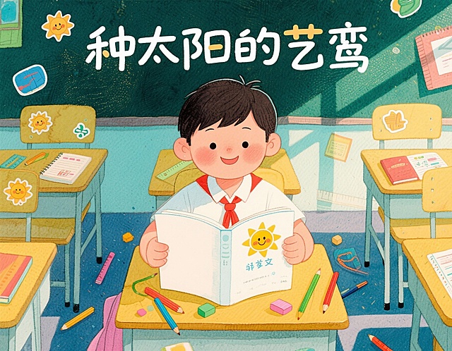 插画风手账设计，水彩质感融合拼贴元素，卡通男孩在教室阅读，充满可爱与温馨的趣味感，传递童真与节日氛围。
