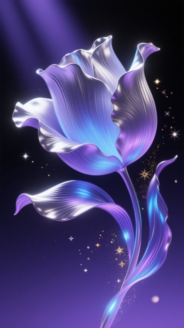 一幅具有高级感的3D渲染花卉插画，画面主体是几片优雅舒展、形态自然的花瓣，花瓣边缘呈现柔和的波浪状，表面有细腻的纵向纹理，质感轻盈如丝绸。整体色调改为深邃神秘的暗紫色为基底，搭配亮银色的花瓣主体，花瓣边缘和纹理处点缀着渐变的蓝色光效。背景为渐变的深紫色到黑色，营造出梦幻而华丽的氛围。画面中融入流畅灵动的炫光线条元素，这些线条从花瓣中心向外延伸，呈现出蓝紫色的渐变光泽，如同流动的光带，与花瓣的形……预览效果