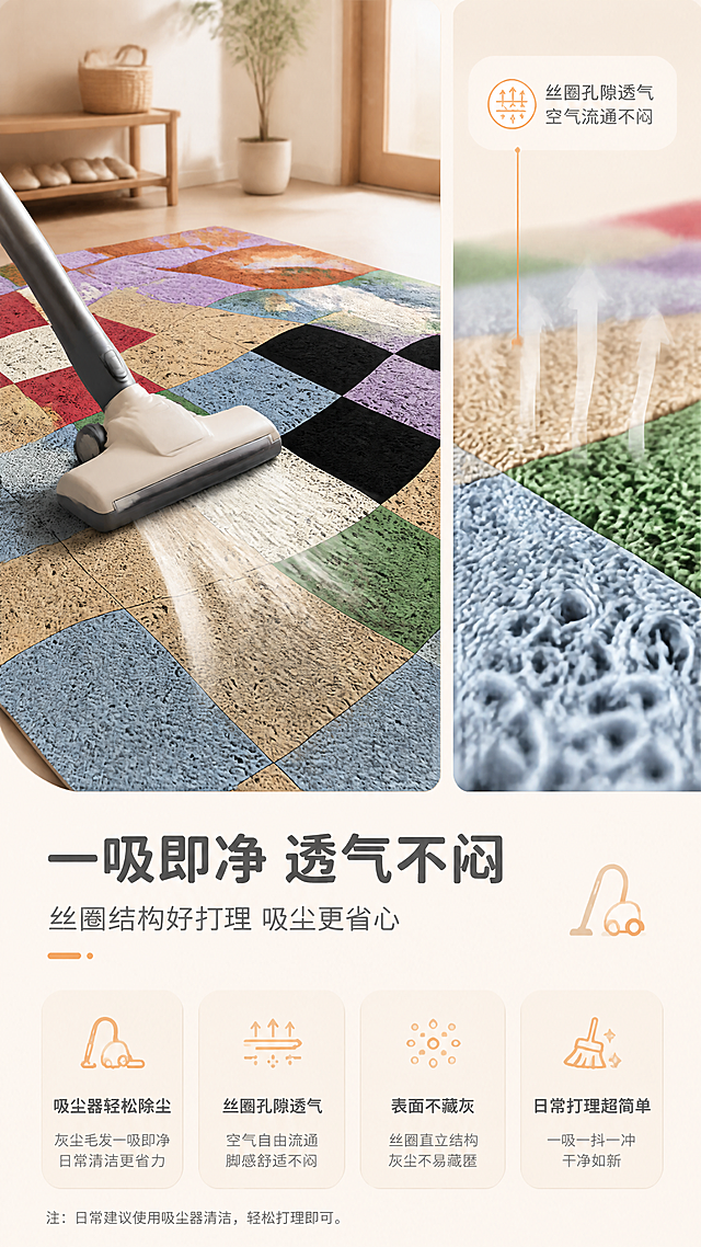 [商品] 使用【图1】彩色波浪棋盘格丝圈入户门地垫；保留波浪形棋盘格图案、莫兰迪多彩配色、丝圈材质纹理、长方形形态；商品处理：增强丝圈透气结构展示，用吸尘器吸尘的动态效果展示好打理，毯面平整无凹陷。
[画面] 目标：毯面好打理+透气卖点页，展示吸尘效果与透气结构，强调吸尘不防水。构图：左右分栏，左侧为吸尘器在地垫上吸尘的场景，灰尘被吸入的动态效果；右侧为丝圈结构微距特写，展示透气孔隙。主体占比：地垫+吸尘场景占画面约65%。阅读动线：从左到右。前中后景：前景吸尘器吸头、中景地垫表面、后景虚化家居环境。
[视觉] 套系策略：风格=北欧ins风家居商业摄影，暖调自然光，清新治愈；标题字=现代圆润粗黑体；正文字=简洁无衬线体；主色=奶杏米白；背景延展=基于奶杏米白做深浅层级、同色渐变和细腻纸张/织物质感；强调色=莫兰迪脏橘色，仅用于小面积图标、引线和标签；标题色=深炭灰；正文色=中暖灰；组件=圆角浅底信息卡、细线引线、柔和色块；光影=左前侧暖柔光，自然窗影。
[文字] 主标题：「一吸即净 透气不闷」，副标题：「丝圈结构好打理 吸尘更省心」，卖点：吸尘器轻松除尘 · 丝圈孔隙透气 · 表面不藏灰 · 日常打理超简单。文字区位于画面底部通栏，配吸尘器图标，注意：不提及防水功能，只强调吸尘好打理和透气。
[规格] 图片比例9:16竖版，4K分辨率，负向提示：避免变形、错字、文字过小、图案错乱、颜色偏差、毯面凹陷、出现防水相关描述。
