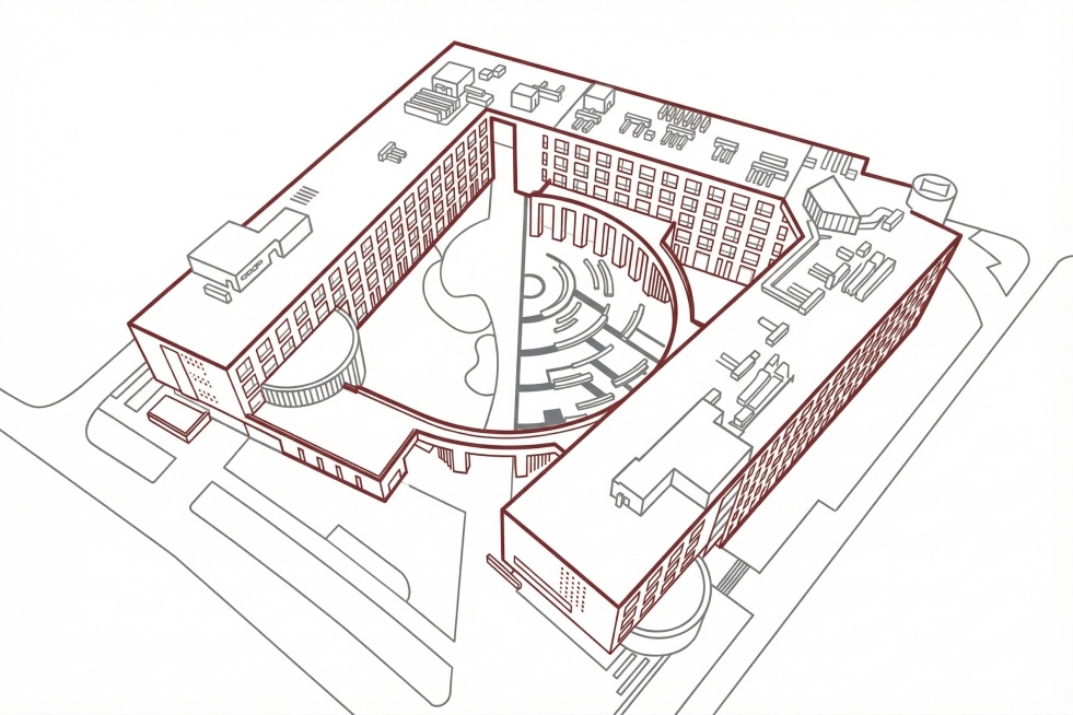 参照图1中的简约扁平化插画风格，提取图2中主体建筑的线稿，保留U型庭院布局和庭院中的圆形廊柱等主要结构特征，绘制为简约线稿风格预览效果