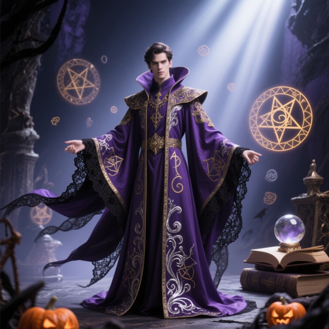 万圣节主题背景，画面中央是一件华丽的男法师长袍，长袍以深紫色为主色调，点缀金色神秘符文和银色刺绣花纹，衣摆和袖口有飘逸的黑色蕾丝边，背景中隐约可见古老的魔法书、水晶球和漂浮的魔法符文，整体氛围神秘而庄预览效果