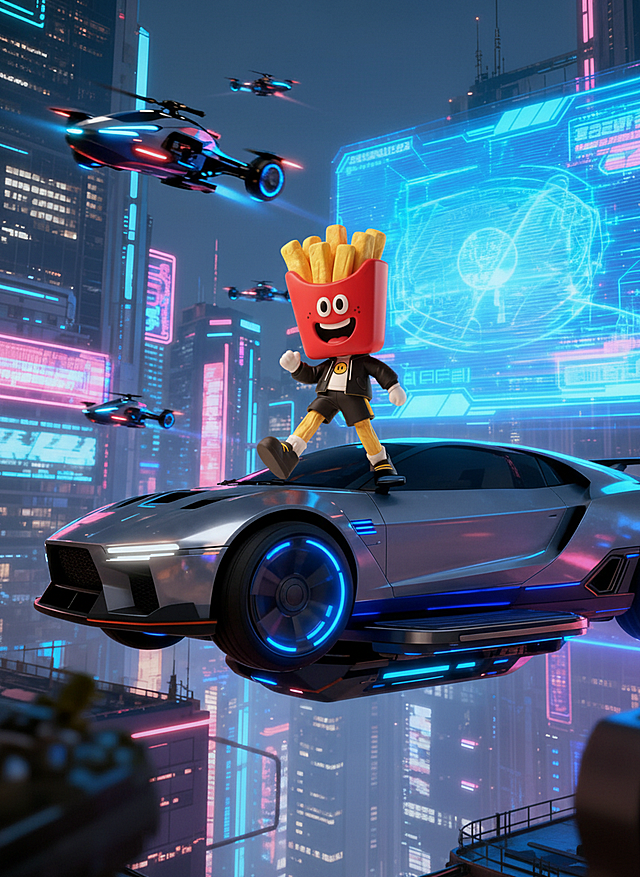 赛博朋克风未来城市，拟人薯条角色酷炫登场，霓虹灯效与飞车共舞，科技感十足。