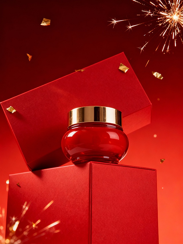 仰视角度拍摄的主体陈列在红色哑光礼盒上的特写，占画面五分之一。背景是红色礼盒呈倾斜放置在主体背后，突出商品质感。周围点缀金箔、烟花装饰，背景为暗红色到红色的上下渐变。